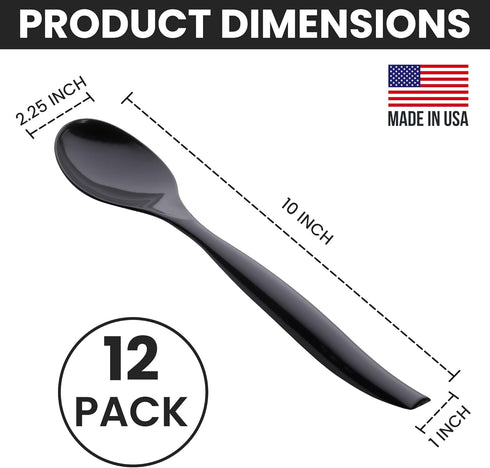 C&S Event Supply Co. 10" Plastic Serving Utensils, Disposable Spoons for Weddings, Catering, Bulk 12 Pack - Black