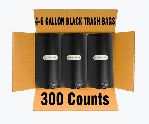 300 Count Black 4-6 Gallon Trash Bags, Multi-purpose Bin Liners for Bathroom, Office, Industrial, Commercial