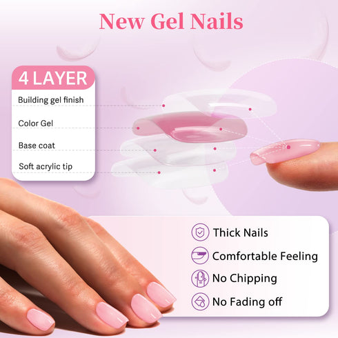 Neon Pink Press on Nails, Short Square Natural Gel Nails, 48Pcs Thick Reusable Fake Nails for Women