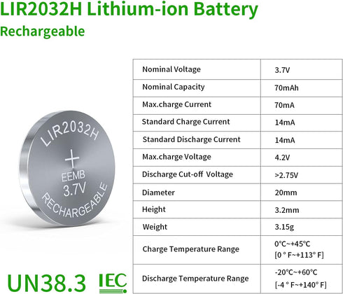 EEMB 3.7V Rechargeable 2032H Batteries LIR2032H Lithium-ion Coin Cell Button Batteries 70mAh, 4PACK for Car Remote