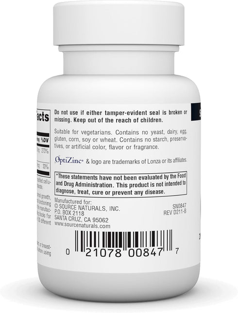 Source Naturals OptiZinc Zinc Methionine Sulfate Complex - 60 Tablets Dietary Supplement