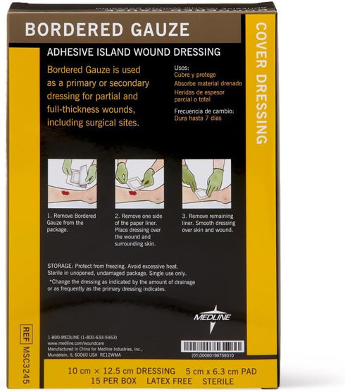 Medline Sterile Bordered Gauze Adhesive Island Wound Dressing, 4" x 5", Count of 15