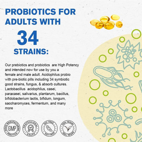 Probiotics 100 Billion CFU - 34 Strains + Digestive Enzyme Complex + Organic Prebiotics + Fruit & Veggie Complex, 120