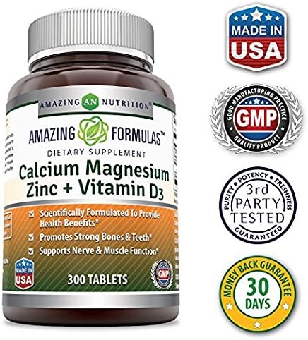 Amazing Formulas Calcium Magnesium Zinc with Vitamin D3 Supplement | Non-GMO | Gluten Free | Made in USA (300 Count, 3