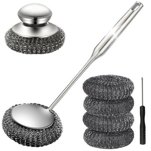 Yajouwin Steel Wool Scrubber with Handle: 7Pcs Stainless Steel Scrubber Brush Set 1