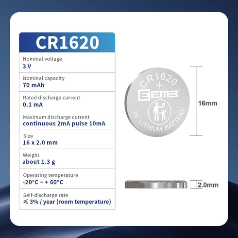 EEMB CR1620 3V Lithium Battery 5-Pack - 70mAh Button Coin Cell Batteries for Watch, Key Fob, Calculator, Mobile Game,