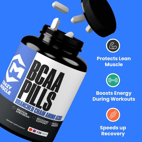 Crazy Muscle BCAA Pills, 2:1:1 Ratio of Branched Chain Amino Acids, 1000mg per Pill, 120 Tablets