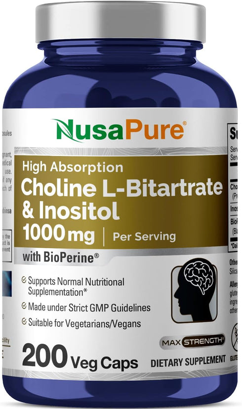 NusaPure Choline & Inositol 1000mg, 200 Veggie Caps (100% Vegetarian, Non-GMO)
