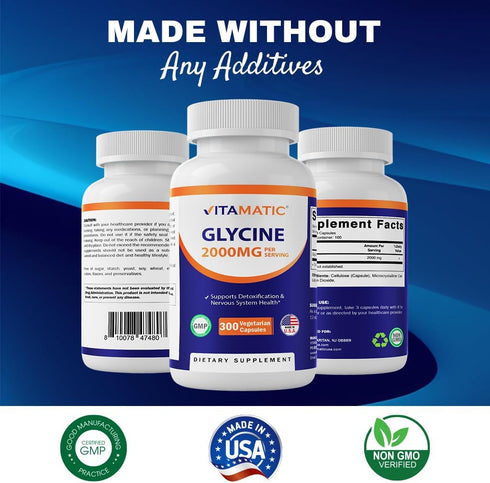 Vitamatic Glycine Supplement, 2000mg Per Serving, 300 Count, Non-GMO, Gluten Free