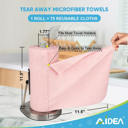AIDEA Pink Microfiber Cleaning Cloth Roll - 75PK, Reusable Tear Away Towels for Cars, Kitchen, and Windows