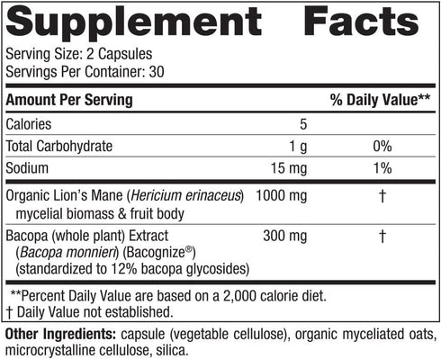 Nordic Naturals Cognition Mushroom Complex, Unflavored - 60 Capsules - Brain, Memory & Mood Support - Blend of Lion’s Mane Mushroom & Bacopa Extract - Non-GMO - Certified Vegan - 30 Servings