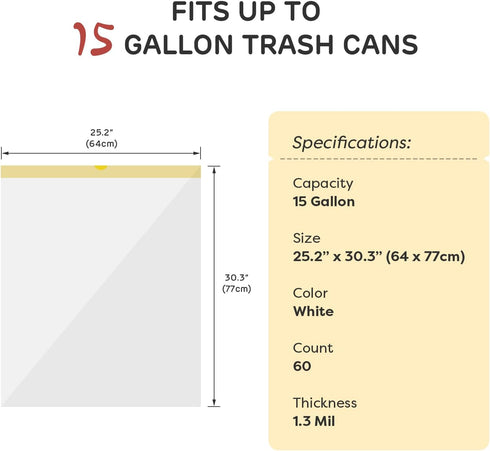 Holuwiso 15 1.3 25.2 30.3 Inches 60 Count Gallon Trash Bags Drawstring, Mil Ultra Thick High Stretch Tall Kitchen