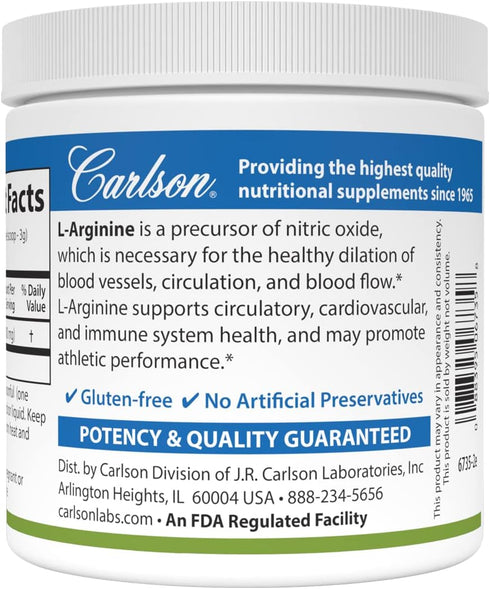 Carlson L-Arginine Powder, Free-Form Amino Acid for Circulatory Health, 3.53 oz (100 g)