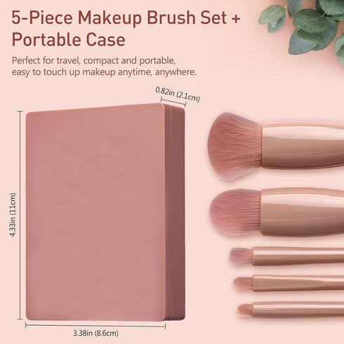 Pink Travel Makeup Brush Set with Mirror, 5 Pcs Mini Complete Cosmetic Brushes Kit (4.2 inch * 3.0 inch)