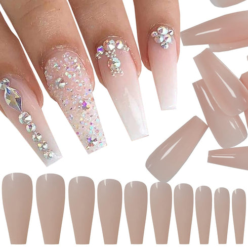 LuckForever 500pc Painted Coffin Press on Nails, Full Cover Beige Nude False Nails, Ballerina Shaped Acrylic Nail Tips