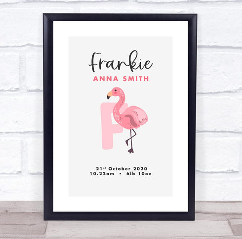 The Card Zoo New Baby Birth Details Christening Nursery Initial F Flamingo Gift Print