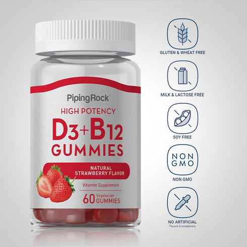 Piping Rock Vitamin D3 + B12 Complex Gummies, High Potency, Strawberry Flavor, Vegetarian, Non-GMO, Gluten Free