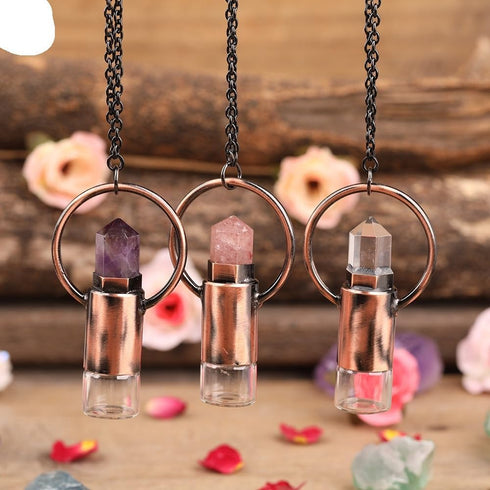 HXSCOO 2ML Natural Amethysts Strawberry Quartz Roll On Perfume Bottle Pendant Necklace Women Quartz Crystal Essential