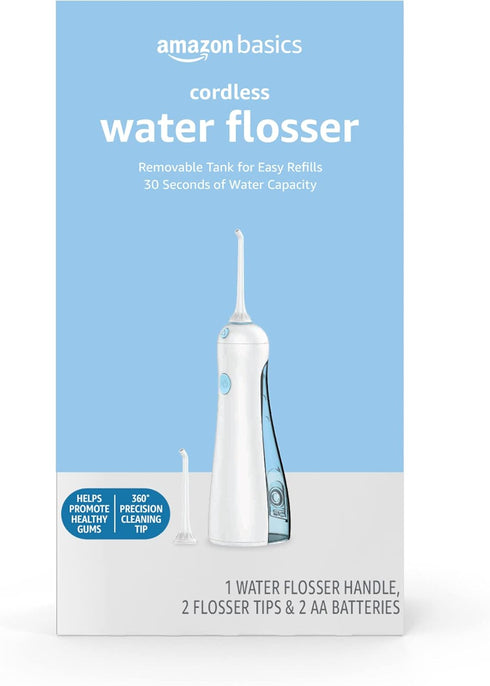 Amazon Basics HydroClean Cordless Water Flosser, 1 Handle, 2 Flosser Tips, 2 AA Batteries Included for Easy Use
