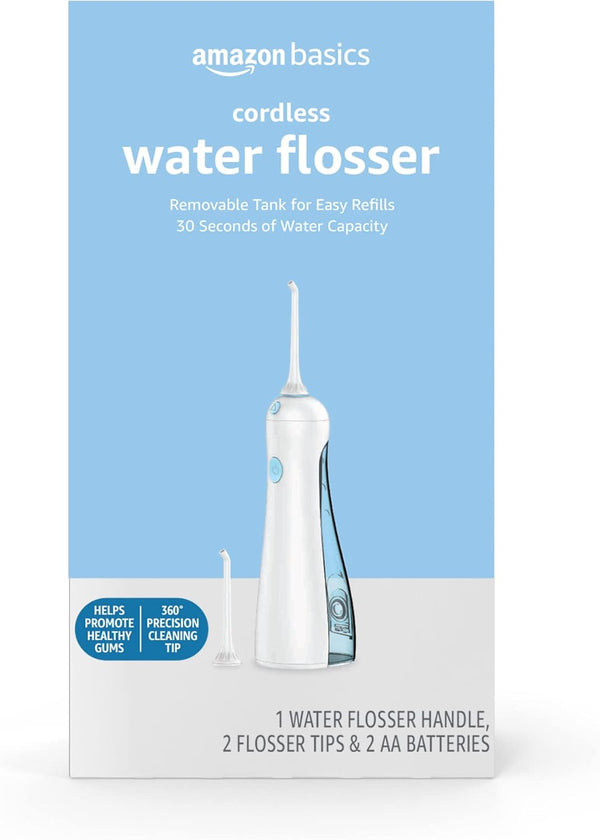 Amazon Basics HydroClean Cordless Water Flosser, 1 Handle, 2 Flosser Tips, 2 AA Batteries Included for Easy Use