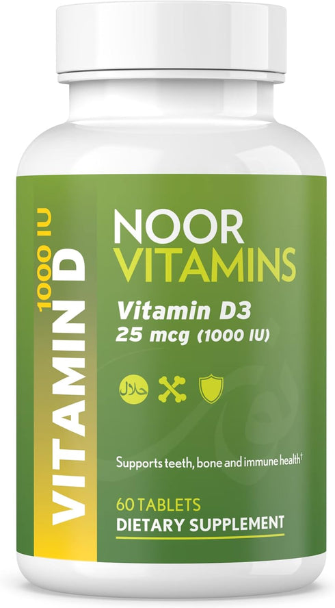 Noor Vitamins Halal Vitamin D, Halal Vitamin D3, 1000 IU Tablets, Supports Bone, Immune & Heart Health, 60 Count