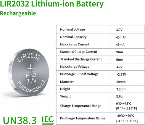 EEMB 10PCS LIR2032 Rechargeable Battery 3.7V Lithium-ion Coin Button Cell Batteries 45mAh 2032 Rechargeable Battery