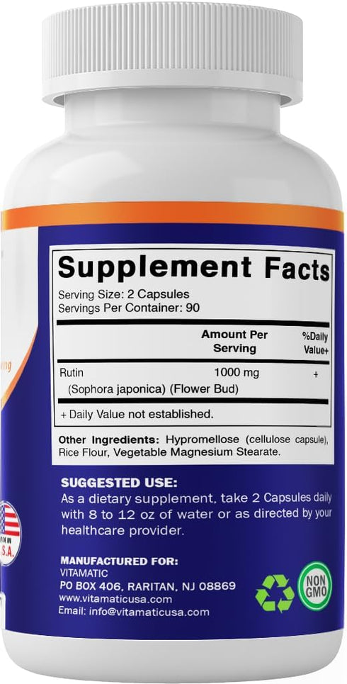 Vitamatic Rutin 1000mg Supplement, 90 Servings, Bioflavonoid, Free Radical Scavenger, Non-GMO, Gluten Free
