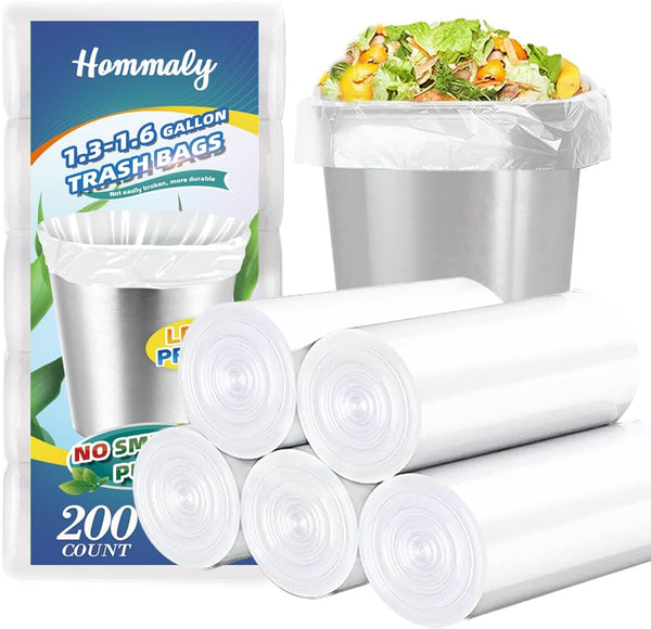 Hommaly 1.5 Gallon Small Clear Trash Bags 200 pcs (Fit 1.3-1.6 Gal) - Strong Unscented Garbage Bags for Bathroom