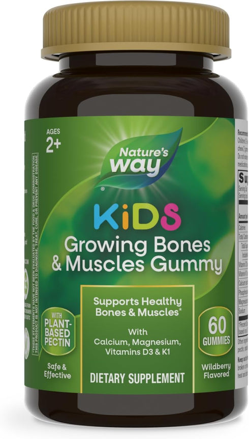 Nature's Way Kids Gummies, Growing Bones & Muscles, Calcium, Magnesium, Vitamins D3 & K1, Wildberry, 60 Count