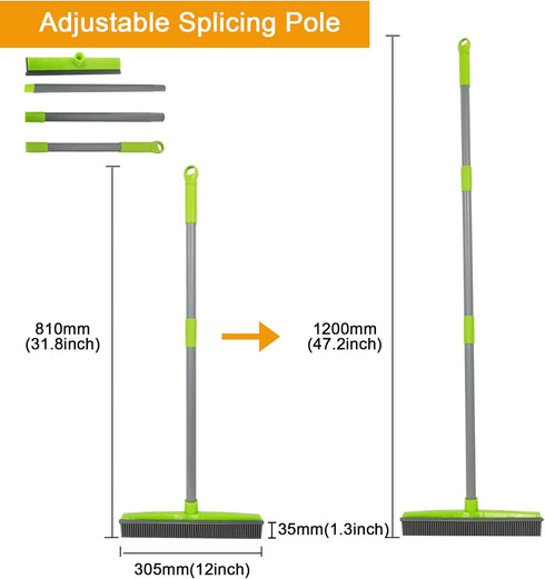 Push Broom for Pet Hair Removal with Squeegee, Soft Silicone Bristle Broom for Cat/Dog Hair, Green