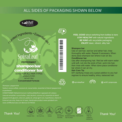 SPIRALEAF Solid Shampoo Bar & Conditioner Bar Set, PEPPERMINT Essential Oil, Concentrated Formula, Premium Hair Care
