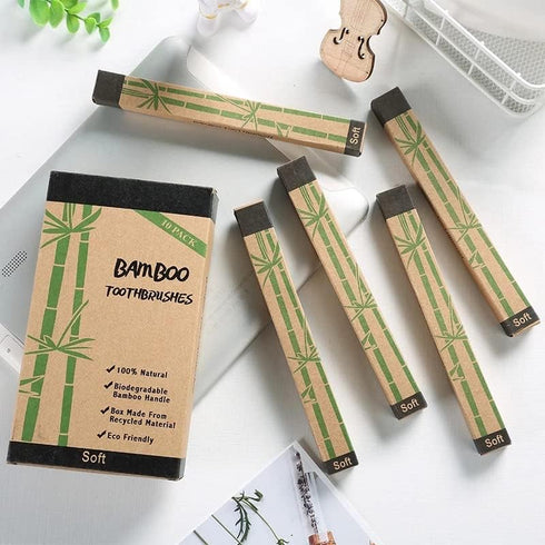 Lunaya Set 10 Pack Bamboo Toothbrush - - Natural Bamboo - Brown Nylon Bristles - Manual Toothbrush
