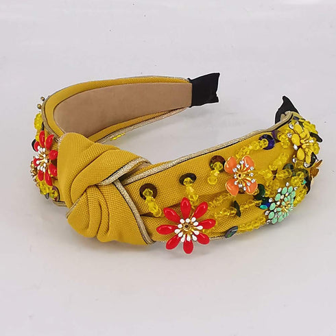 Rhinestone Crystal Wide Headbands, Vintage Knot Turban Fashion Hair Accessories for Women Girls (Yellow)