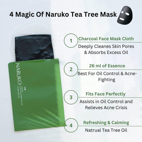 Naruko Tea Tree Shine Control and Blemish Clear Charcoal Sheet Mask with Salicylic Acid, Witch Hazel, Tea Tree Oil,