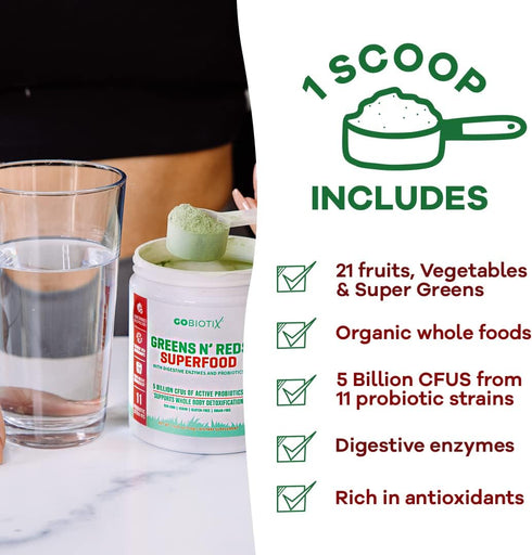 GOBIOTIX Super Greens and Reds Powder, Probiotic Supplement with Digestive Enzymes, Organic Whole Foods (Mango)