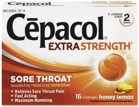 Cepacol Extra Strength Sore Throat Relief Lozenges, Honey Lemon Cough Drops, 16 Count