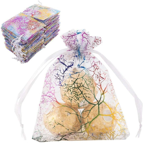 Wudygirl 100pcs Drawstring Organza Bags, 3.54x4.7 inches, White Coralline Pattern for Jewelry, Candy, Wedding Favors