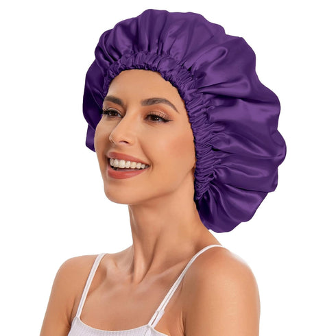 Satin Bonnet Silk Hair Bonnet for Sleeping, Slouchy Beanie Hat for Women's Natural & Curly Hair (Purple)