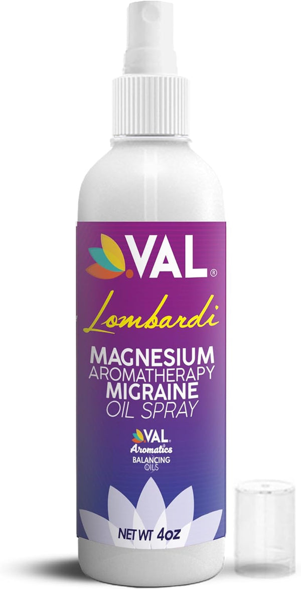 VAL Lombardi Magnesium Aromatherapy Spray – 4 oz, Migraine & Headache Relief Oil with Lavender, Peppermint & Chamomile