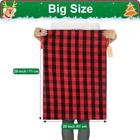 HRX Package 2 Pcs Cotton Santa Bag, 28x20 Inch Plaid Fabric Drawstring Christmas Bags with Gift Tag