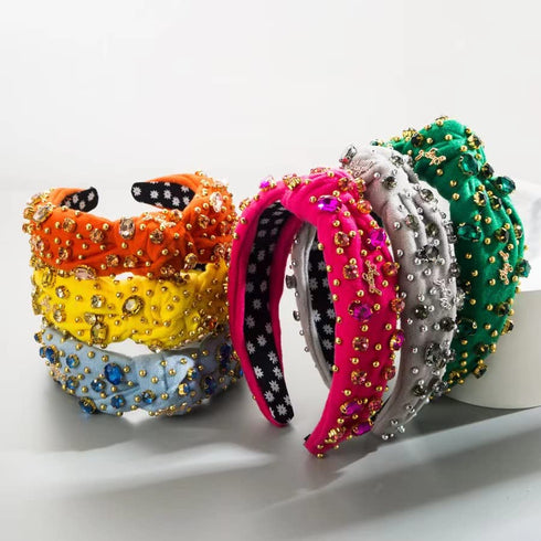 Women's Retro Knotted Hair Bands, Not Slippery Diamond Studded Headband, Solid Color Fabric Accessories