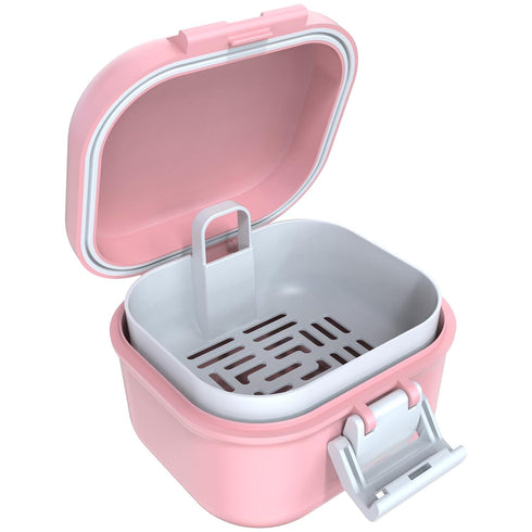 ARGOMAX Portable Leak Proof Denture Bath Cup, Soaking Box with Strainer for Dentures and Braces (Pink + White)