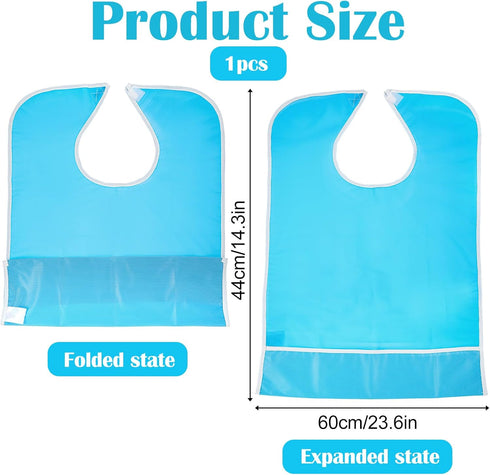 WJIAAA 23.6 14.3in Adult Bibs for Elderly Women Men, Blue Waterproof Oil-Proo Bibs with Chip Collector Wipe-Clean