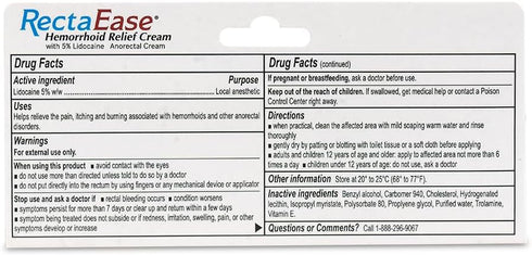 Globe RectaEase 5% Lidocaine Hemorrhoid Relief Cream, 1 oz Tube, Rapid Numbing Treatment for Itch and Burn