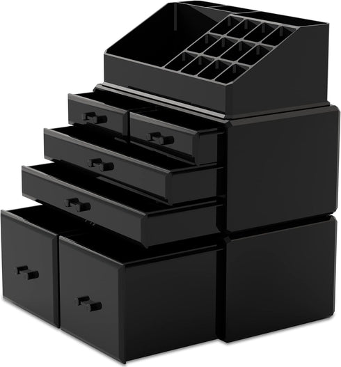 READAEER 3 Pieces Makeup Organizer with 6 Drawers for Cosmetic Storage (Black)