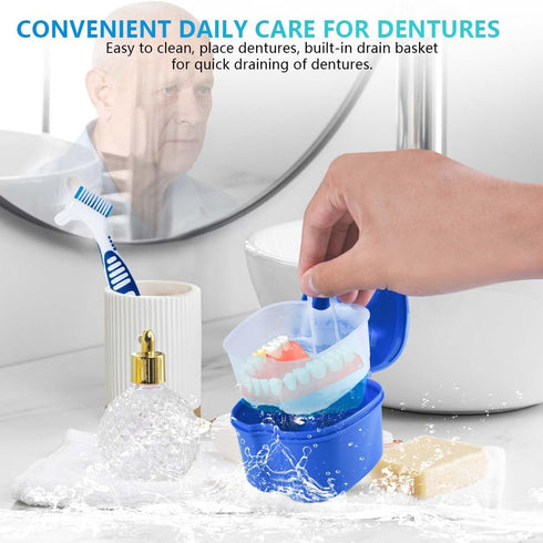 Blue Denture Bath Case Cup Holder, Storage Container with Cleaner Brush and Strainer Basket for Travel Cleaning