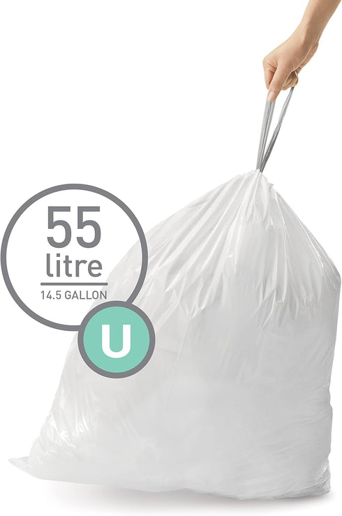 simplehuman Code U Custom Fit Drawstring Trash Bags, 20 Count, 55 Liter, White