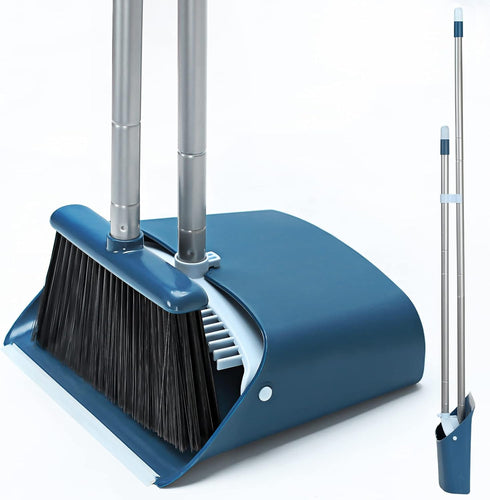 Standing Dustpan and Broom Set with 52" Long Extendable Handle for Indoor, Kitchen, Office & Lobby Cleaning