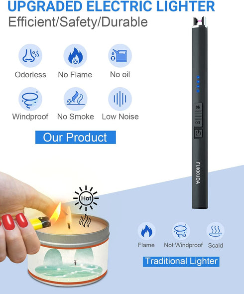FUKKUDA Electric Candle Lighter with Safety Switch, USB Rechargeable Windproof Plasma Arc Lighter (Obsidian Black)