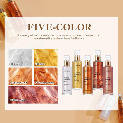Liyalan Shimmer Body Oil, Bronze Gold 5 Color Highlighter Illuminator, Glitter Liquid Tanning (3.38 Fl Oz/03)